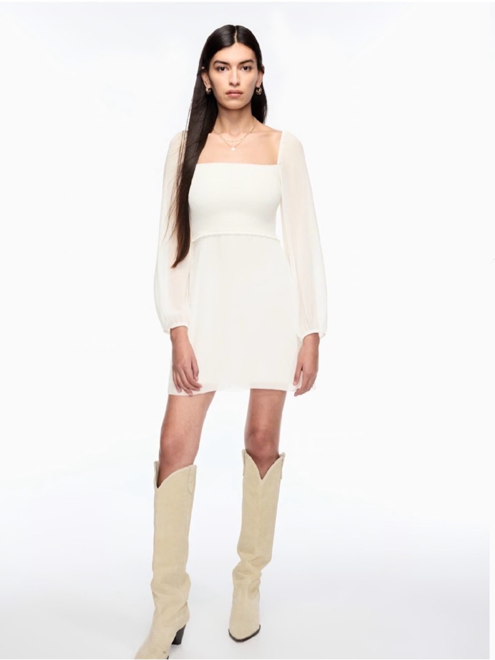 Wilfred Aritzia white Villa Dress smocked longsleeve mini NWT feminine party
